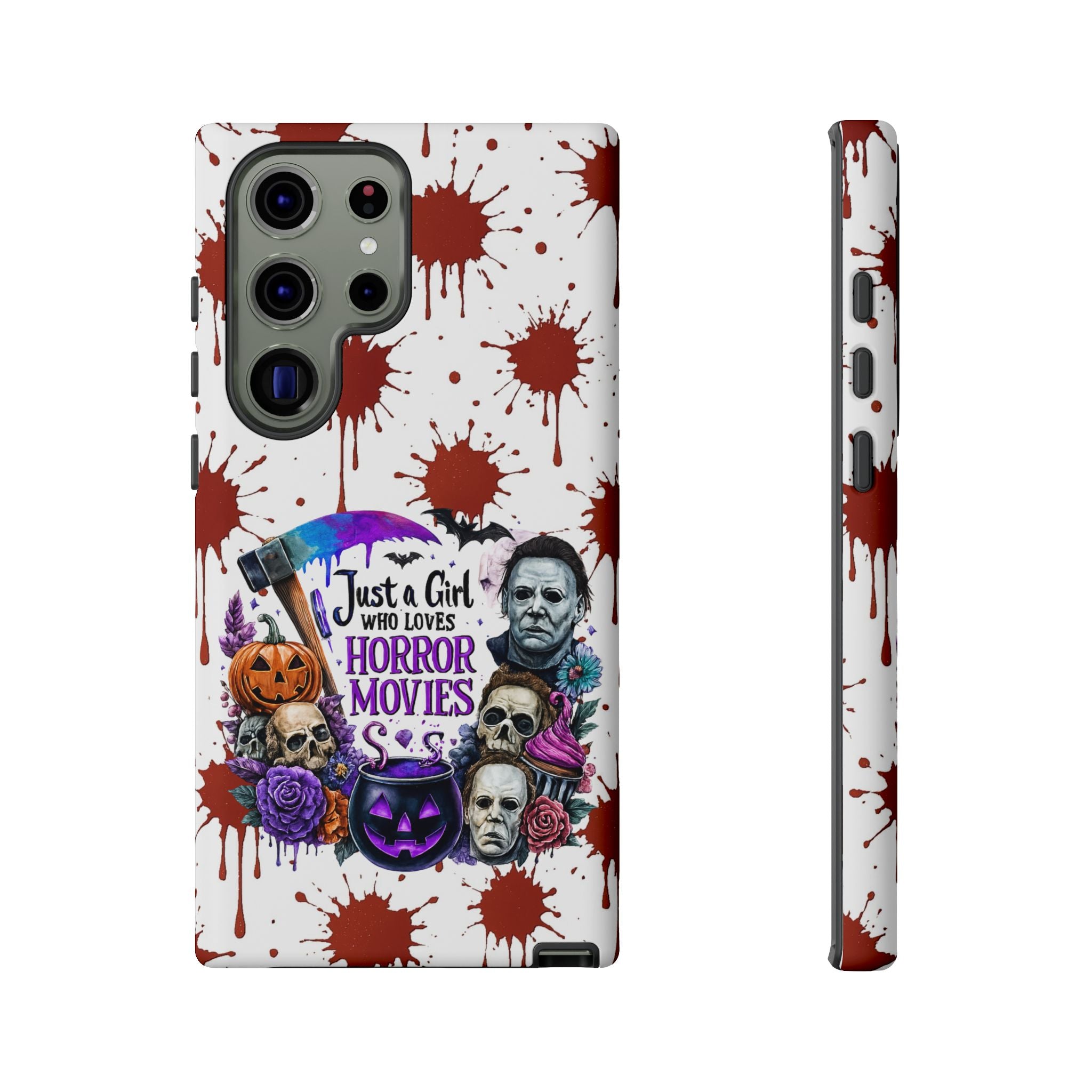 Just a Girl Who Loves Horror Movies & Halloween | Blood Splatter Tough Phone Case | Spooky Gift for Horror Fans