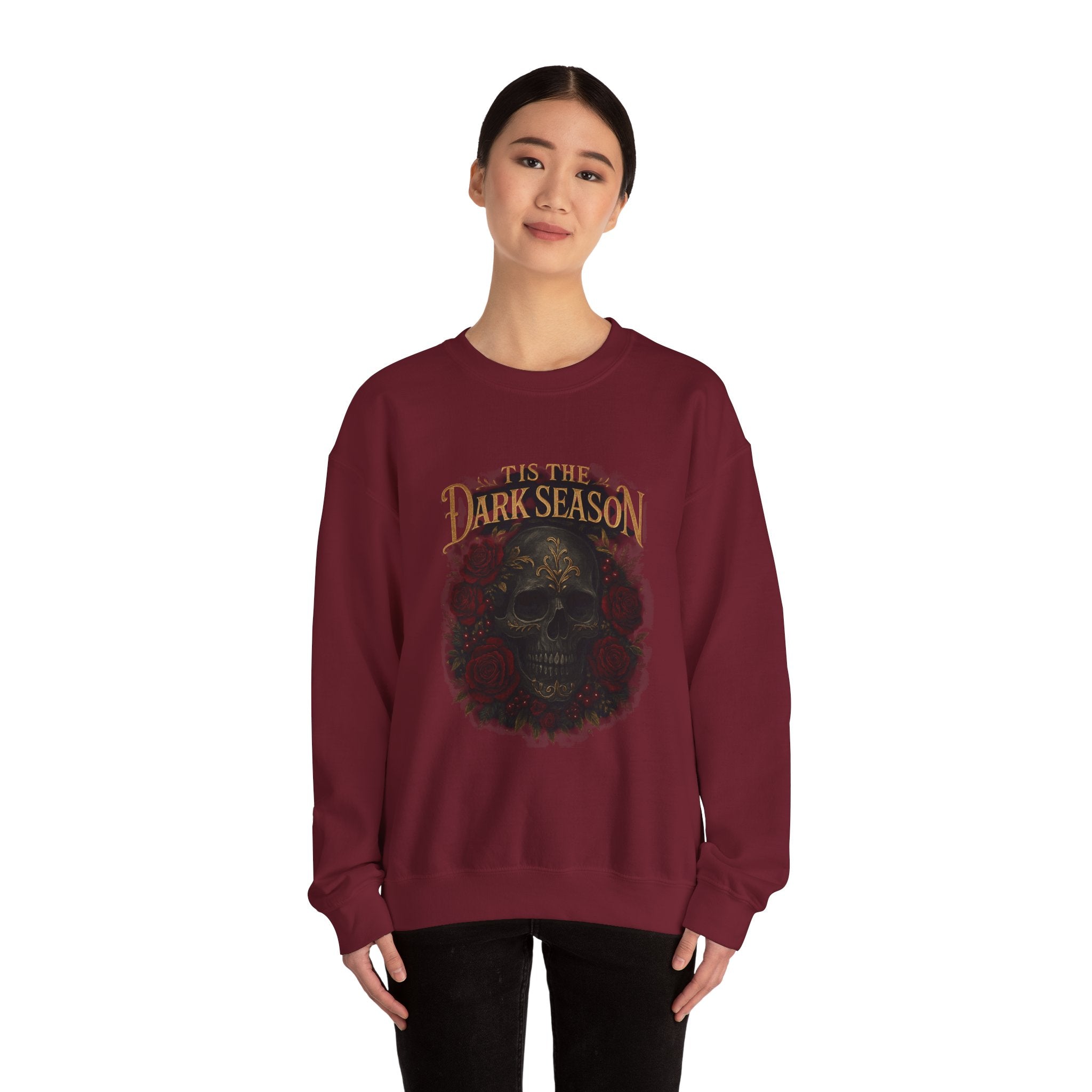 'Tis the Dark Season — Gothic Skull & Roses Aesthetic Sweatshirt | Dark Romance Bookish Girl Fall Crewneck
