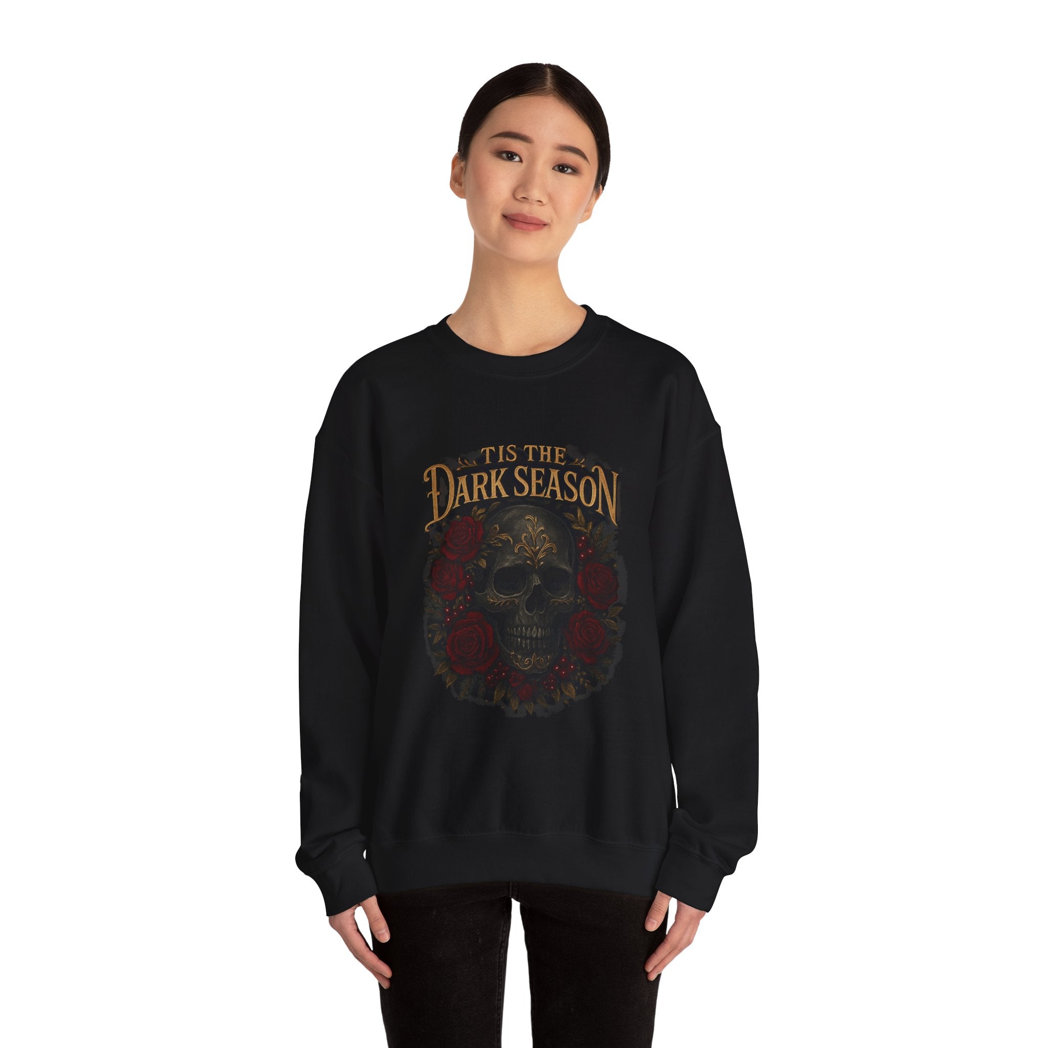 'Tis the Dark Season — Gothic Skull & Roses Aesthetic Sweatshirt | Dark Romance Bookish Girl Fall Crewneck