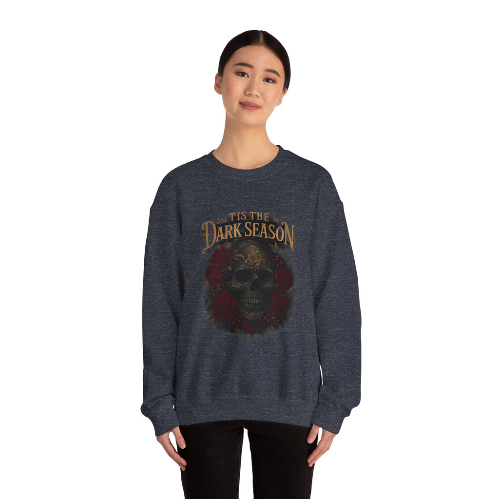 'Tis the Dark Season — Gothic Skull & Roses Aesthetic Sweatshirt | Dark Romance Bookish Girl Fall Crewneck
