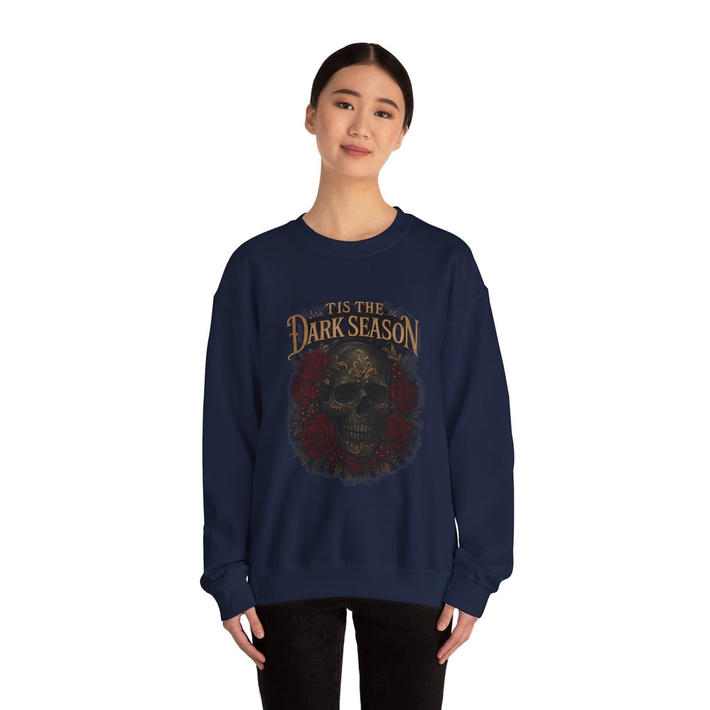'Tis the Dark Season — Gothic Skull & Roses Aesthetic Sweatshirt | Dark Romance Bookish Girl Fall Crewneck