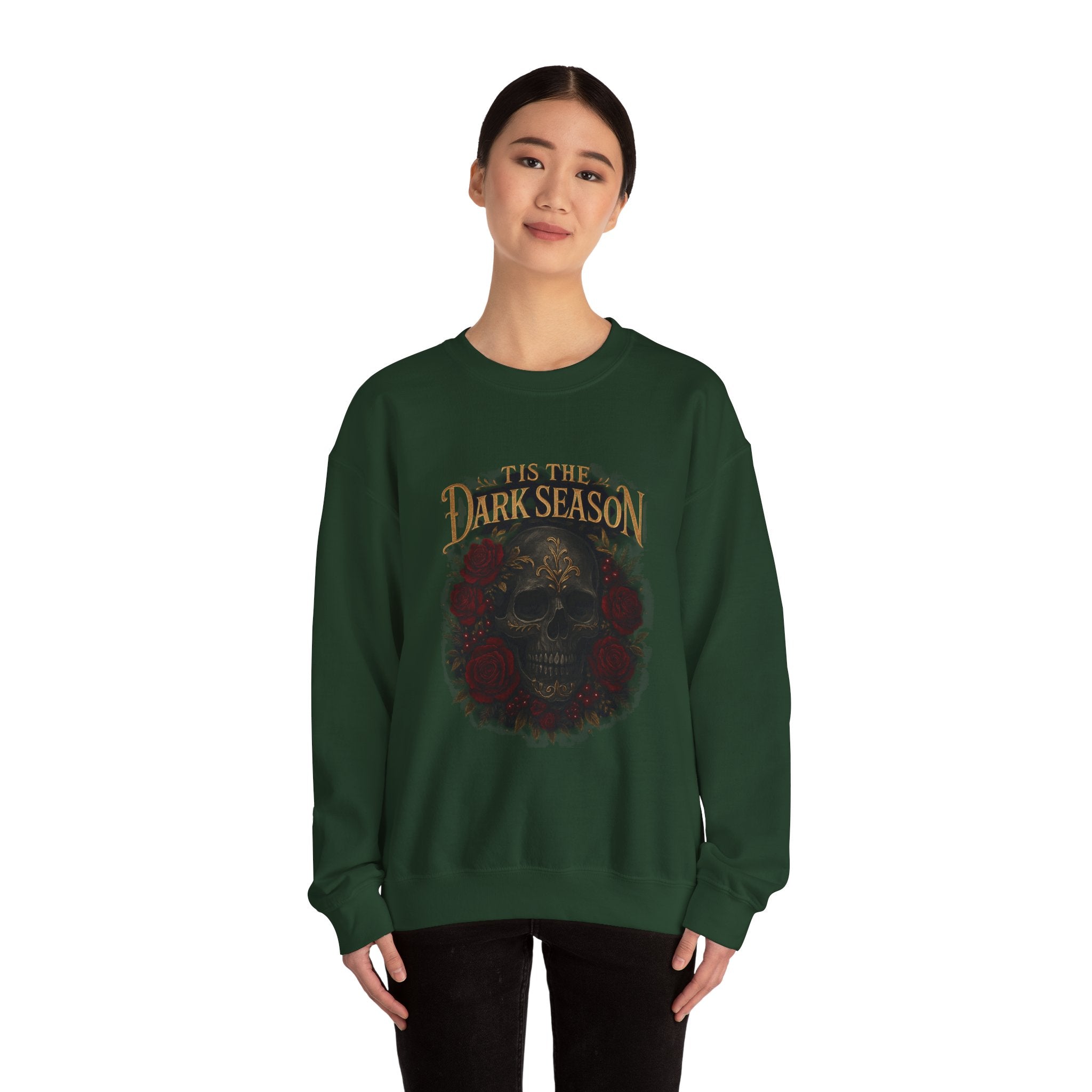 'Tis the Dark Season — Gothic Skull & Roses Aesthetic Sweatshirt | Dark Romance Bookish Girl Fall Crewneck
