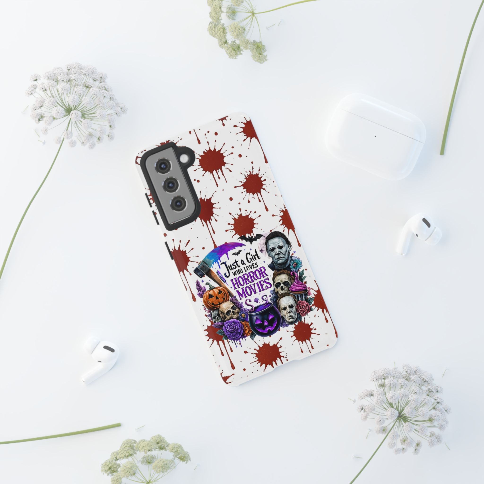 Just a Girl Who Loves Horror Movies & Halloween | Blood Splatter Tough Phone Case | Spooky Gift for Horror Fans
