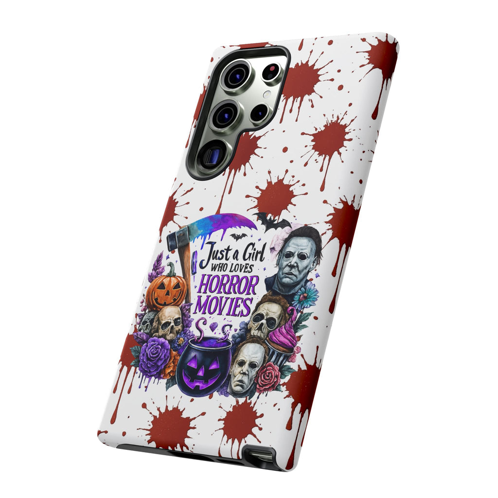 Just a Girl Who Loves Horror Movies & Halloween | Blood Splatter Tough Phone Case | Spooky Gift for Horror Fans