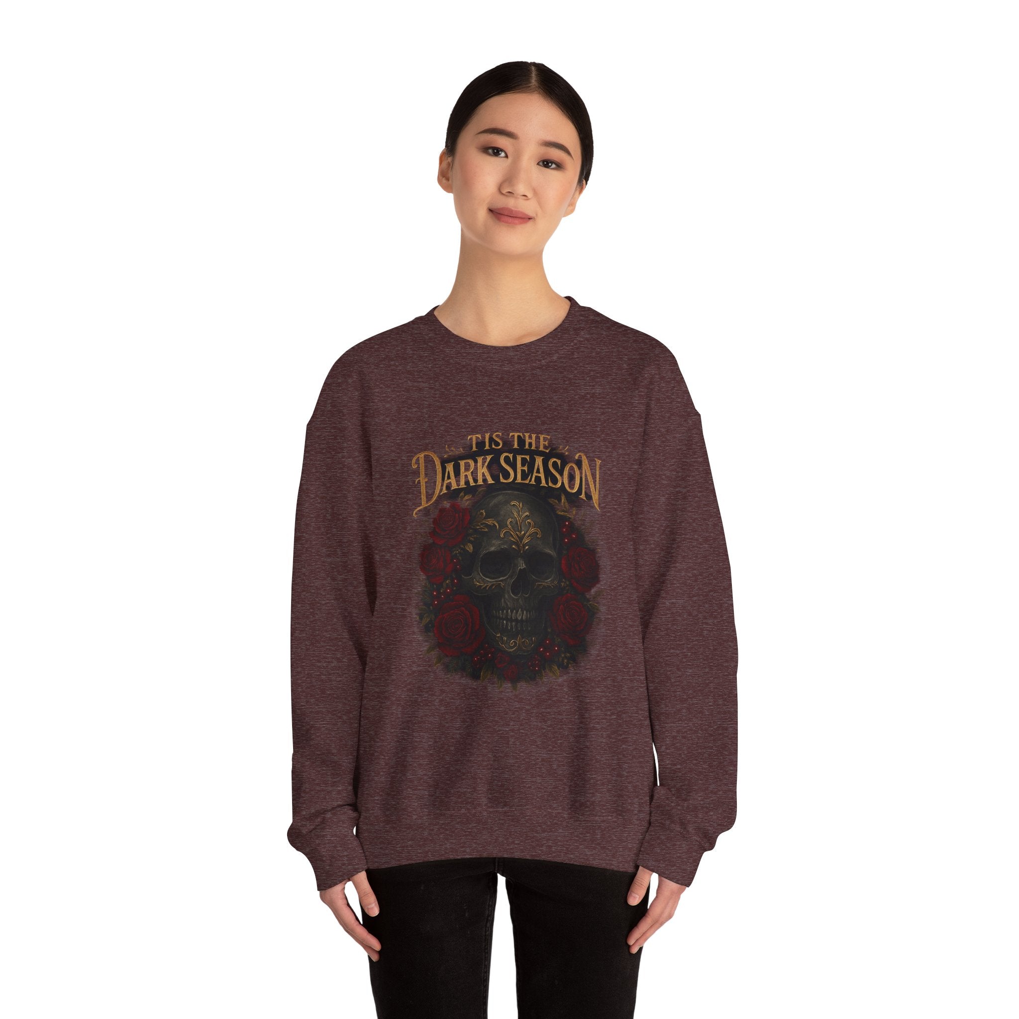 'Tis the Dark Season — Gothic Skull & Roses Aesthetic Sweatshirt | Dark Romance Bookish Girl Fall Crewneck