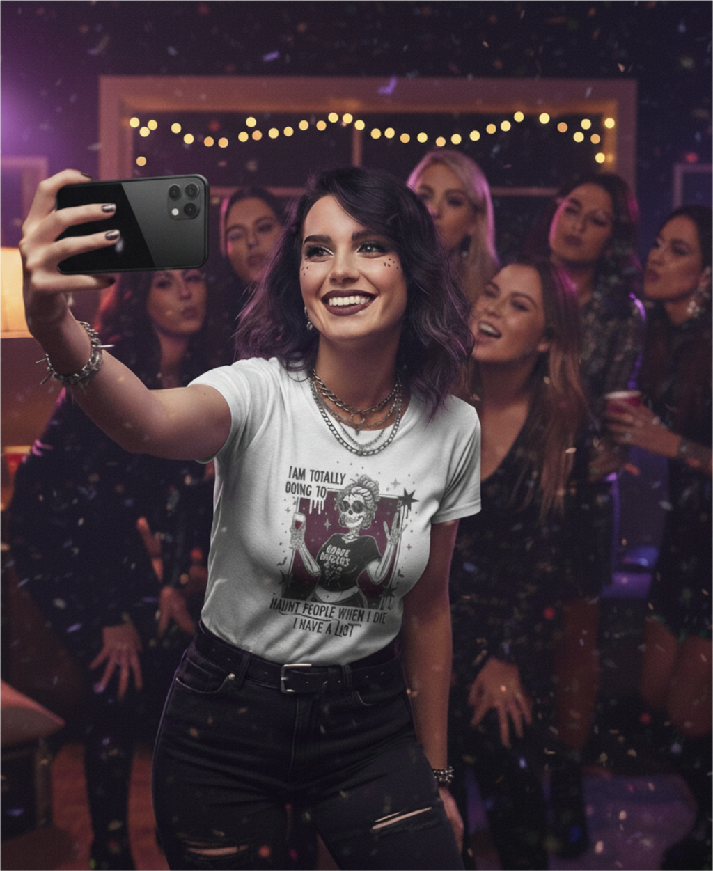 "I am totally going to haunt people when I die...I have a list" T-shirt | Dark Humor Spooky Pin-Up Skeleton Babe Tee