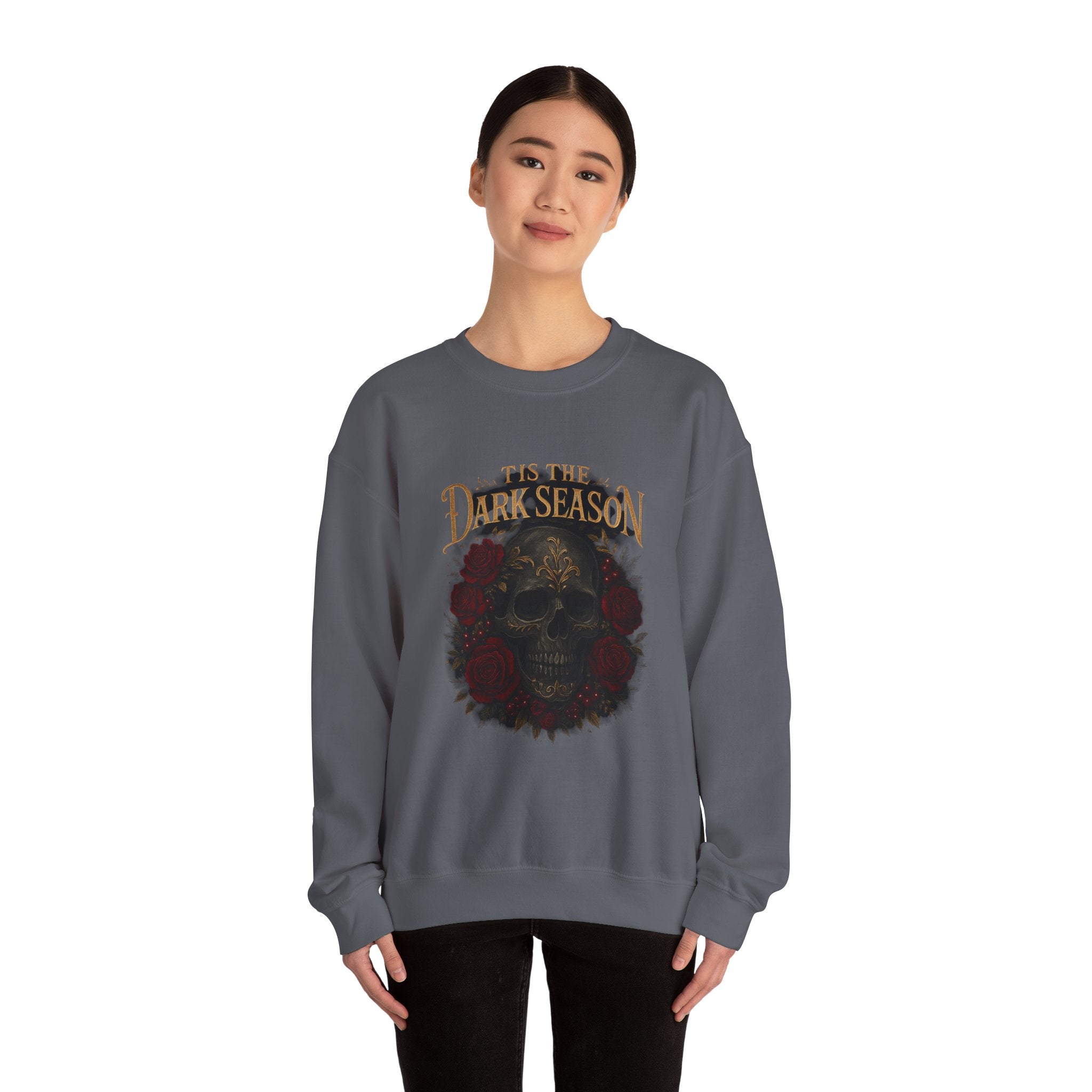 'Tis the Dark Season — Gothic Skull & Roses Aesthetic Sweatshirt | Dark Romance Bookish Girl Fall Crewneck