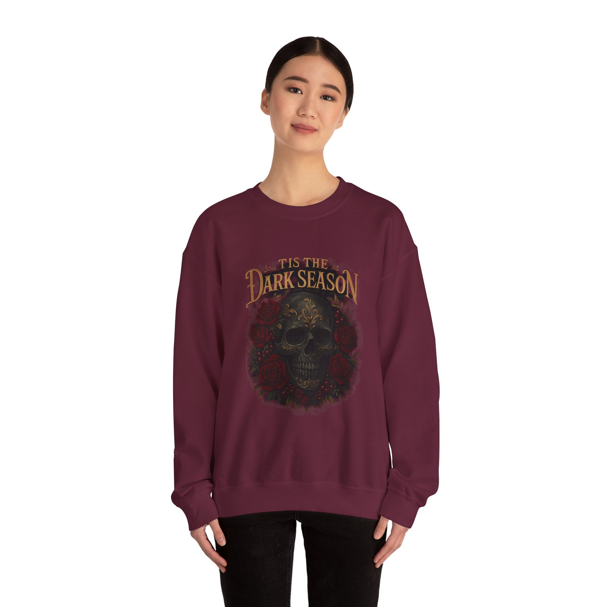 'Tis the Dark Season — Gothic Skull & Roses Aesthetic Sweatshirt | Dark Romance Bookish Girl Fall Crewneck