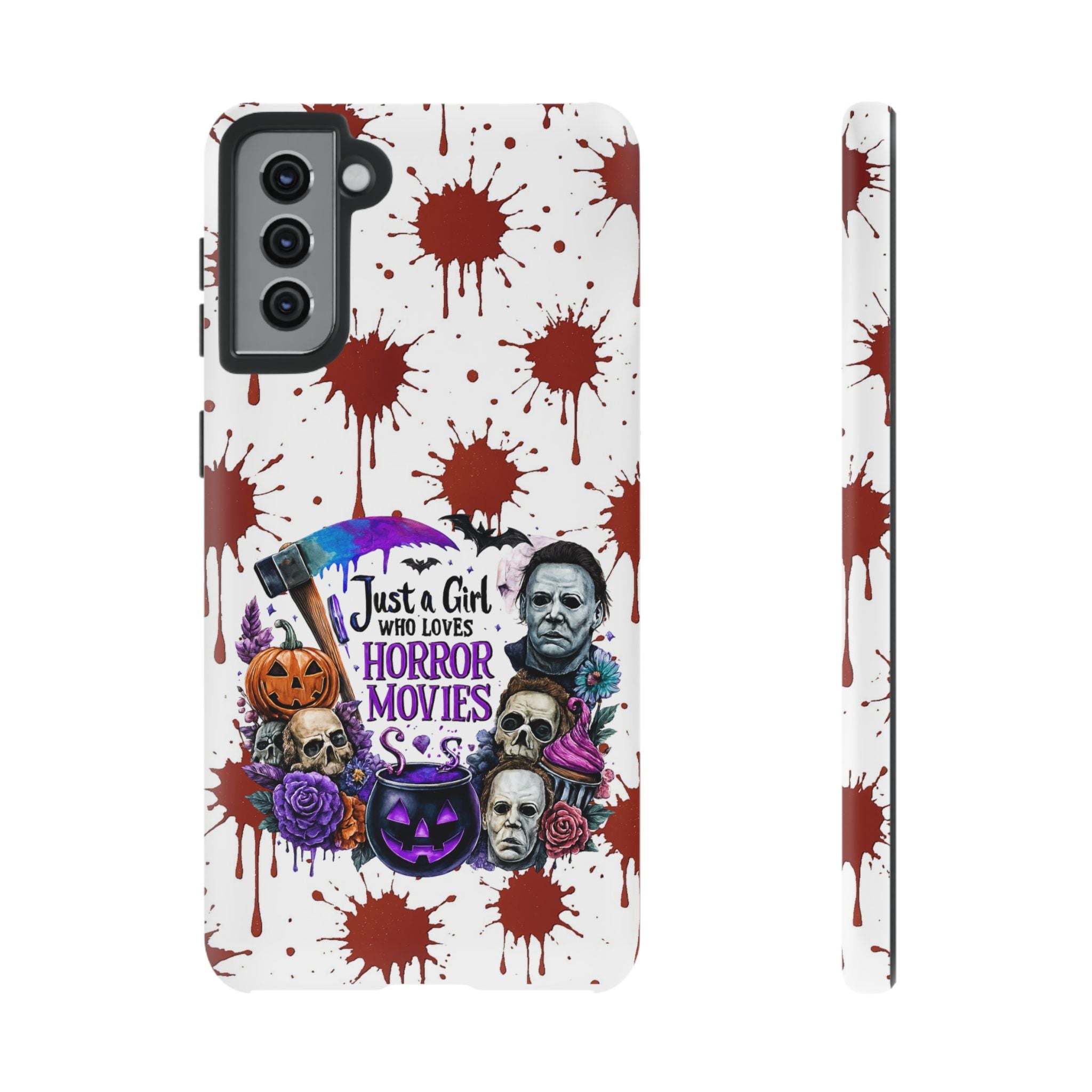 Just a Girl Who Loves Horror Movies & Halloween | Blood Splatter Tough Phone Case | Spooky Gift for Horror Fans