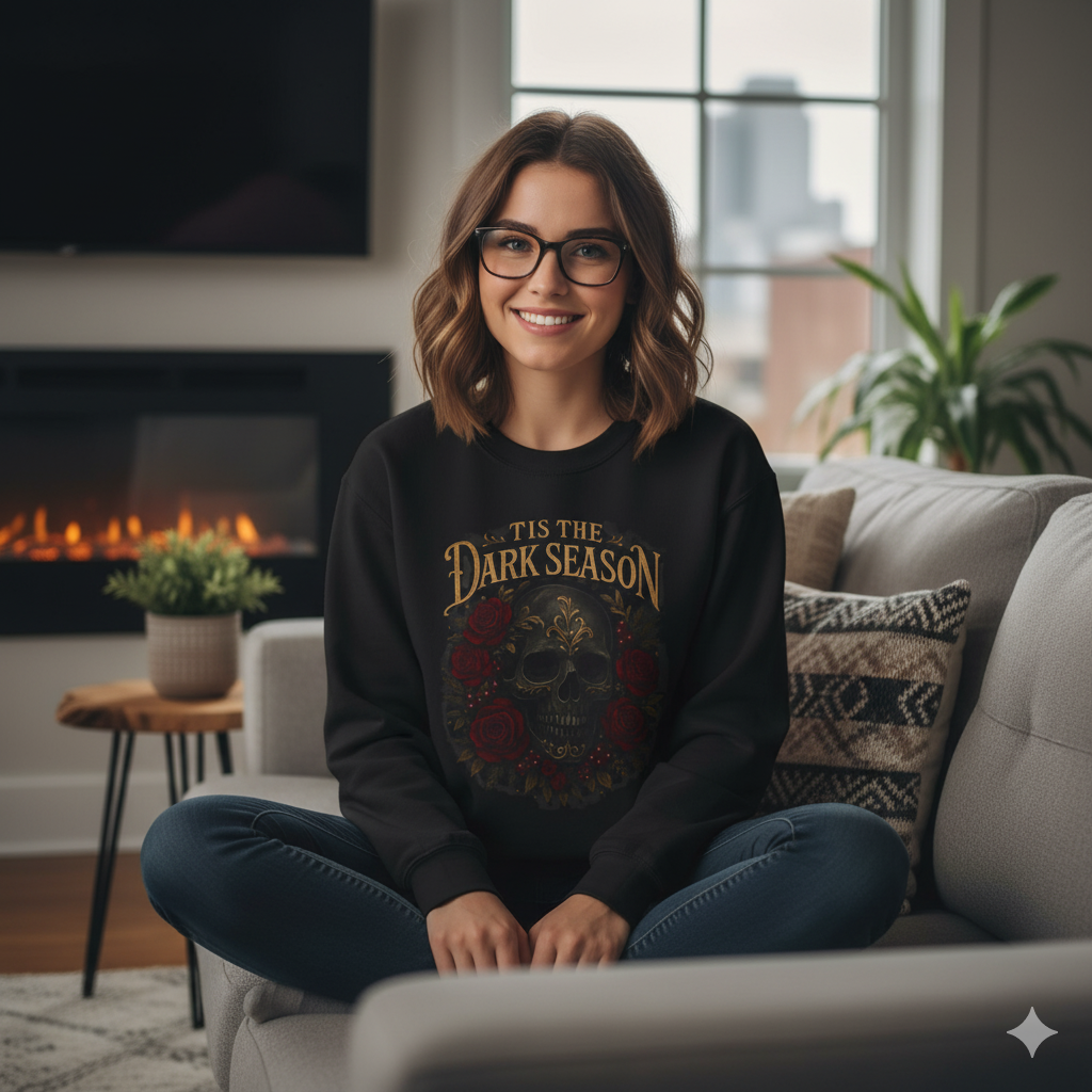 'Tis the Dark Season — Gothic Skull & Roses Aesthetic Sweatshirt | Dark Romance Bookish Girl Fall Crewneck